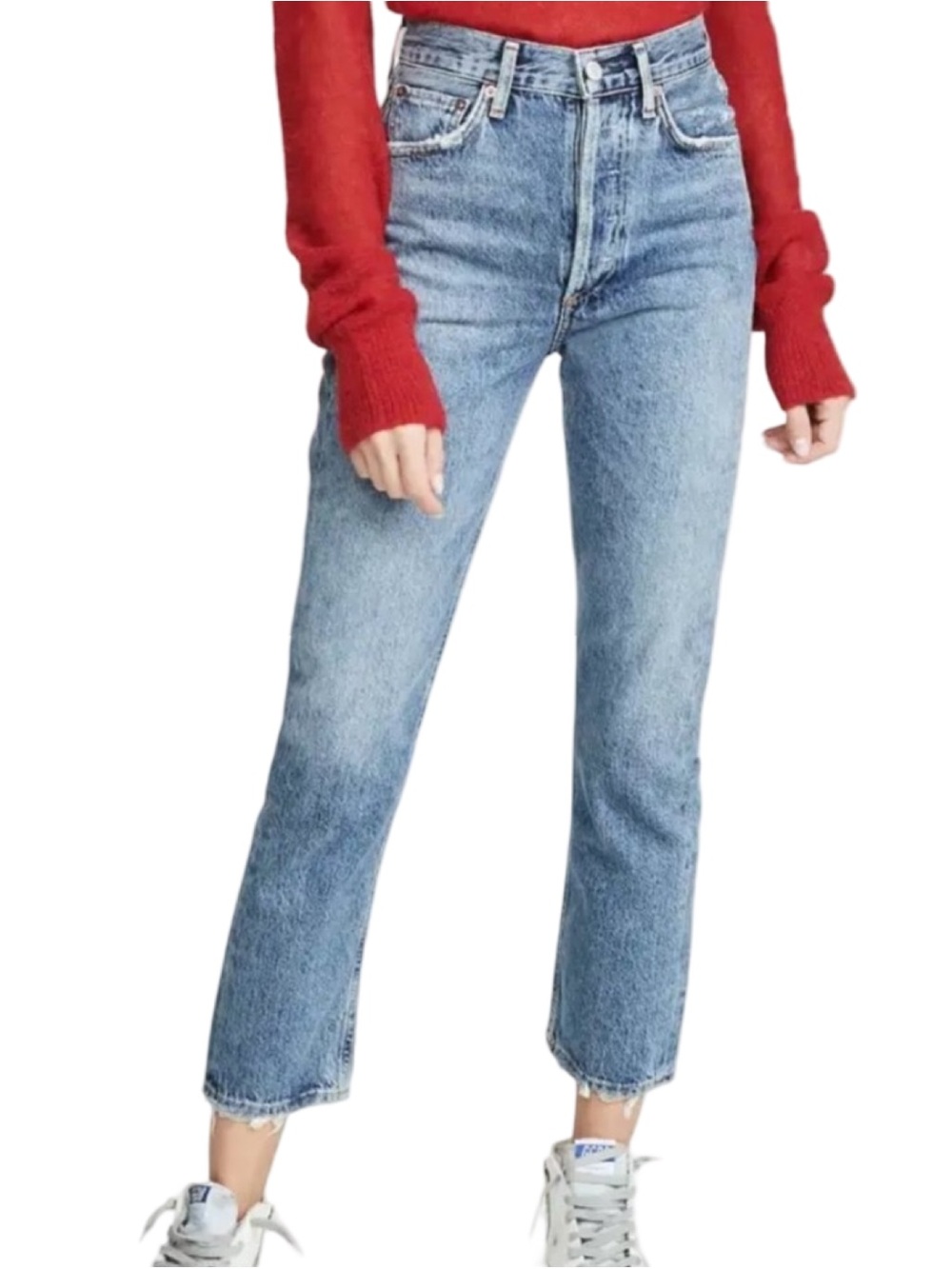 Agolde Riley Women’s Distressed Blue Crop Straight Jeans Button Fly